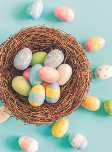 Nido con uova di Pasqua colorate su sfondo azzurro.