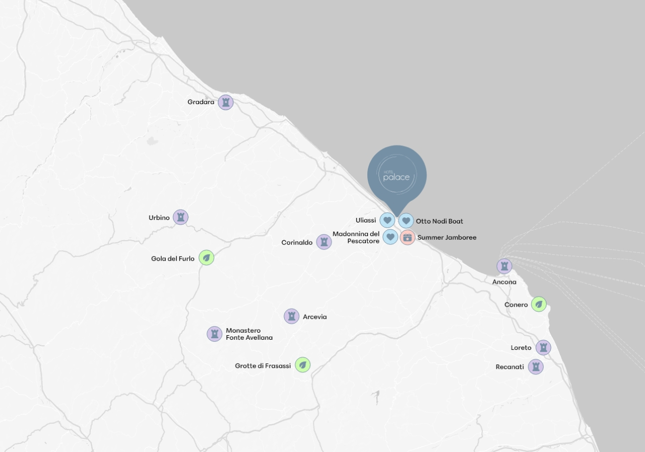 Mappa delle Marche con punti d'interesse culturali e naturali evidenziati.