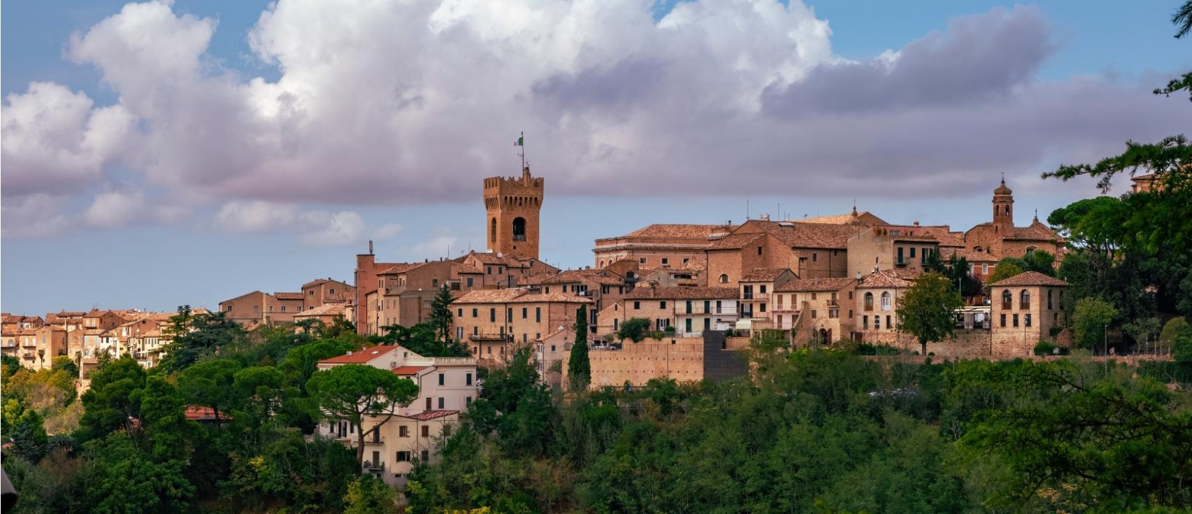 Panorama di un borgo medievale con torri e tetti in mattoni, circondato da vegetazione.